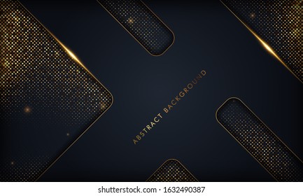 Luxury black abstract overlap background with gold line. Texture with golden glitters element. Vector illustration.