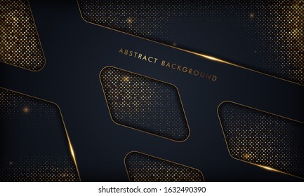 Luxury black abstract overlap background with gold line. Texture with golden glitters element. Vector illustration.