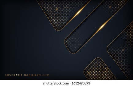 Luxury black abstract overlap background with gold line. Texture with golden glitters element. Vector illustration.