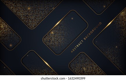 Luxury black abstract overlap background with gold line. Texture with golden glitters element. Vector illustration.