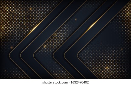 Luxury black abstract overlap background with gold line. Texture with golden glitters element. Vector illustration.