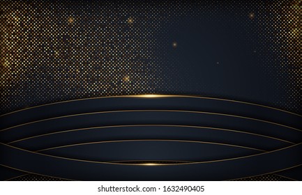 Luxury black abstract overlap background with gold line. Texture with golden glitters element. Vector illustration.