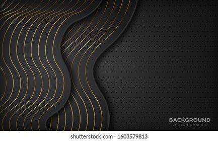 Luxury black abstract wave background with golden lines. Vector illustration.