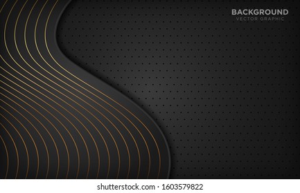 Luxury black abstract wave background with golden lines. Vector illustration.