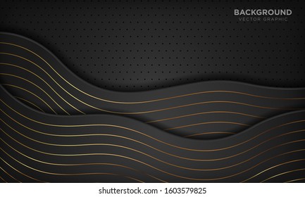 Luxury black abstract wave background with golden lines. Vector illustration.