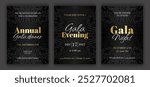 Luxury black annual gala dinner, night, evening invitation template set with golden text. Baroque style retro ornate pattern background. EPS 10 vector illustration.