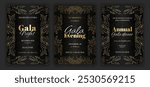 Luxury black annual gala dinner, night, evening invitation template set with golden details and text. Baroque style retro ornate pattern background. EPS 10 vector illustration.