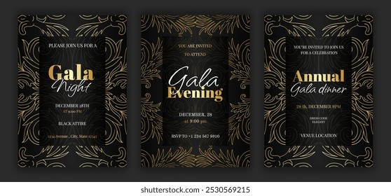 Luxury black annual gala dinner, night, evening invitation template set with golden details and text. Baroque style retro ornate pattern background. EPS 10 vector illustration.