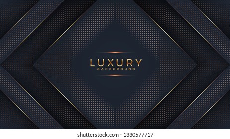 Luxury black background with a combination glowing golden dots with 3D style. Abstract black papercut textured background with shining golden halftone pattern.