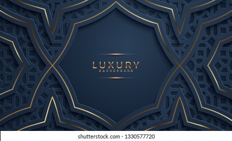 Luxury black background with a combination glowing golden with 3D style. Abstract black papercut textured background with shining golden halftone pattern.