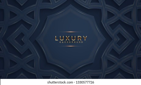 Luxury black background with a combination glowing golden dots with 3D style. Abstract black papercut textured background with shining golden halftone pattern.