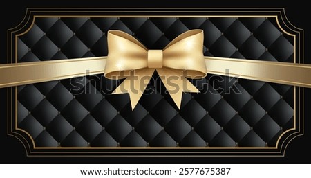 Luxury black background with gold bow. Elegant template for card, coupon, certificate. Empty gift voucher with place for text. 