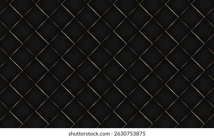 Luxury black background with gold diagonal lines forming a stylish diamond grid. Elegant and modern design, ideal for banners, branding, packaging, or digital presentations.