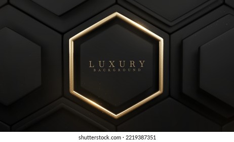 Luxury black background with gold hexagon frame and geometric shape elements with glitter light effect decorations. Realistic 3d style design. Vector illustration.