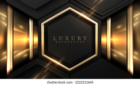 Luxury black background with gold hexagon frame and geometric shape elements with glitter light effect decorations. Realistic 3d style design. Vector illustration.