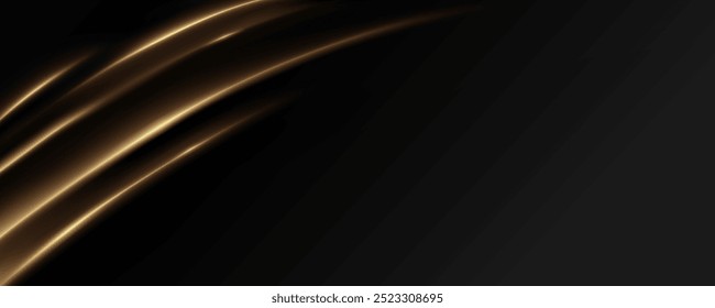 Fondo negro de lujo con Elementos de línea dorada y decoración de efecto claro, textura de tela ondulada oscura, brillo alternado de seda dorada brillante.