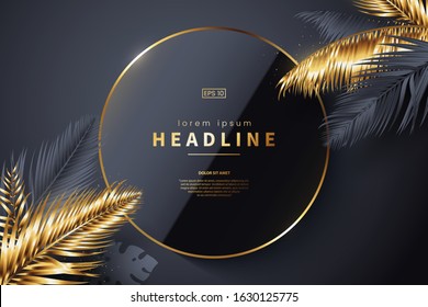 Luxury Black background with golden tropical leaves and place for text. Elegant dark background with palm branches. Summer abstract design concept. Vector illustration.