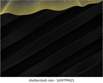 Luxury black background with paper cut layers and golden glittering lines. Modern minimal of commercial discount event poster. Vector illustration.