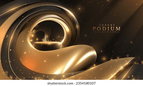 Luxury black background with product display podium and 3d gold material frame element with glitter light effects decorations and bokeh. Vector illustration.