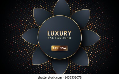 Luxury black background. Realistic overlap layers with golden list and golden glitters.