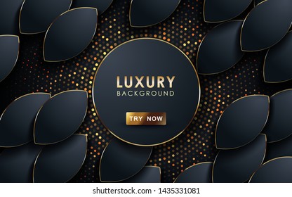 Luxury black background. Realistic overlap layers with golden list and golden glitters.
