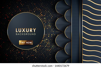 Luxury black background. Realistic overlap layers with golden list and golden glitters.