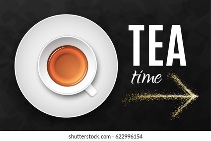 Luxury black background. Tea cup on dark stone table top view. Premium quality vector illustration design.