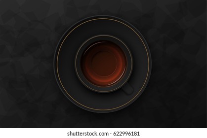 Luxury black background. Tea cup on dark stone table top view. Premium quality vector illustration design.