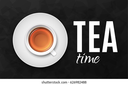 Luxury black background. Tea cup on dark stone table top view. Premium quality vector illustration design.