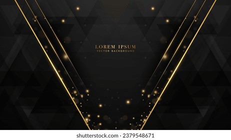 Luxury black background with black triangular shapes, golden line, glitter light effect, and bokeh decoration. Elegant style vector design