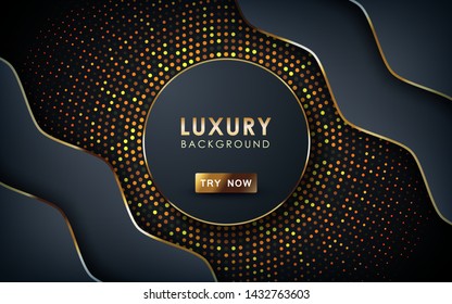 Luxury black background. Wave overlap layers with golden list and golden glitters.