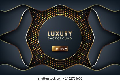 Luxury black background. Wave overlap layers with golden list and golden glitters.