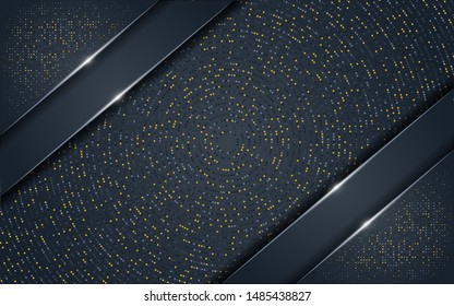 Luxury black background. Wave overlap layers with golden list and golden glitters.
