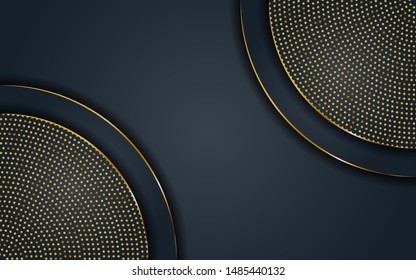 Luxury black background. Wave overlap layers with golden list and golden glitters.