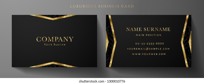 Luxury Black Business Card Design Template With Gold Art Deco Geometric Lines (VIP Gift Card). Dark Background With Modern Triangle Lines, Invite Card