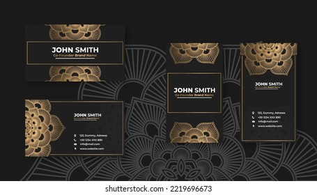 Luxury black business card with golden mandala decoration designs, Bright floral ornamental elements