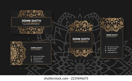 Luxury black business card with golden mandala decoration designs, Bright floral ornamental elements