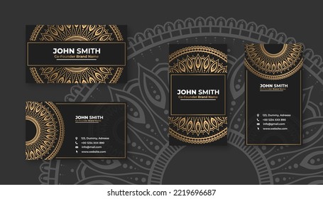 Luxury black business card with golden mandala decoration designs, Bright floral ornamental elements