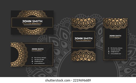 Luxury black business card with golden mandala decoration designs, Bright floral ornamental elements