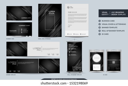 Luxury black carbon stationery mock up set and visual brand identity with abstract overlap layers background . Vector illustration mock up for branding, cover, card, product, event, banner, website. 