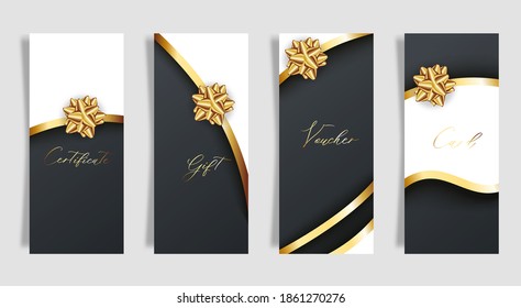 Luxury black card set with gold gift bows with ribbons.