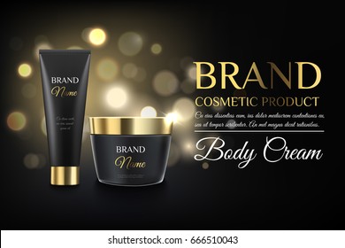 Modelos cosméticos pretos de luxo para anúncios, banco cosmético preto e ouro fosco realista e tubo cosmético em um fundo bokeh pronto para design e impressão. Ilustração moderna para anúncios