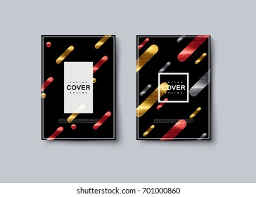 Luxury black cover design with metallic minimalistic elements. Vector artistic illustration. Brochure, flyer, banner mockup. Abstract vintage background with golden, red and silver painted strokes