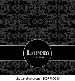 luxury black damask pattern background with silver logo frame, template