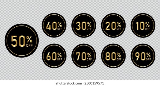 Luxury black discount sticker with golden percent , discount price tag set. 10% - 90% off vector illustration isolated on transparent background. Big sale banner signs.