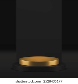 Luxury black display 3d golden podium pedestal mockup for presentation realistic vector illustration. Premium dark cylinder showcase with wall background for male product shopping sale advertising
