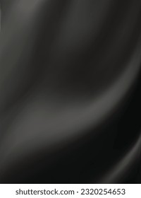 The luxury of black fabric texture background. Closeup of rippled silk fabric. Abstract cloth or liquid wave background.  Creases of satin, cotton. Vertical photo. 3d vector illustration.
