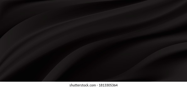 El lujo del fondo de textura de tela negra.Cierre de tela de seda negra rizada.Traje abstracto o fondo vectorial de onda líquida.Onda suave de tela. Asas de satén, seda y algodón.
