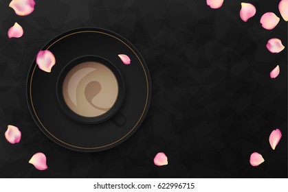 Luxury black floral background. Coffee cup on dark stone table top view. Premium quality vector illustration design.