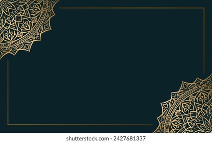 Luxury black floral mandala ornamental background banner with gold round circle corner border pattern